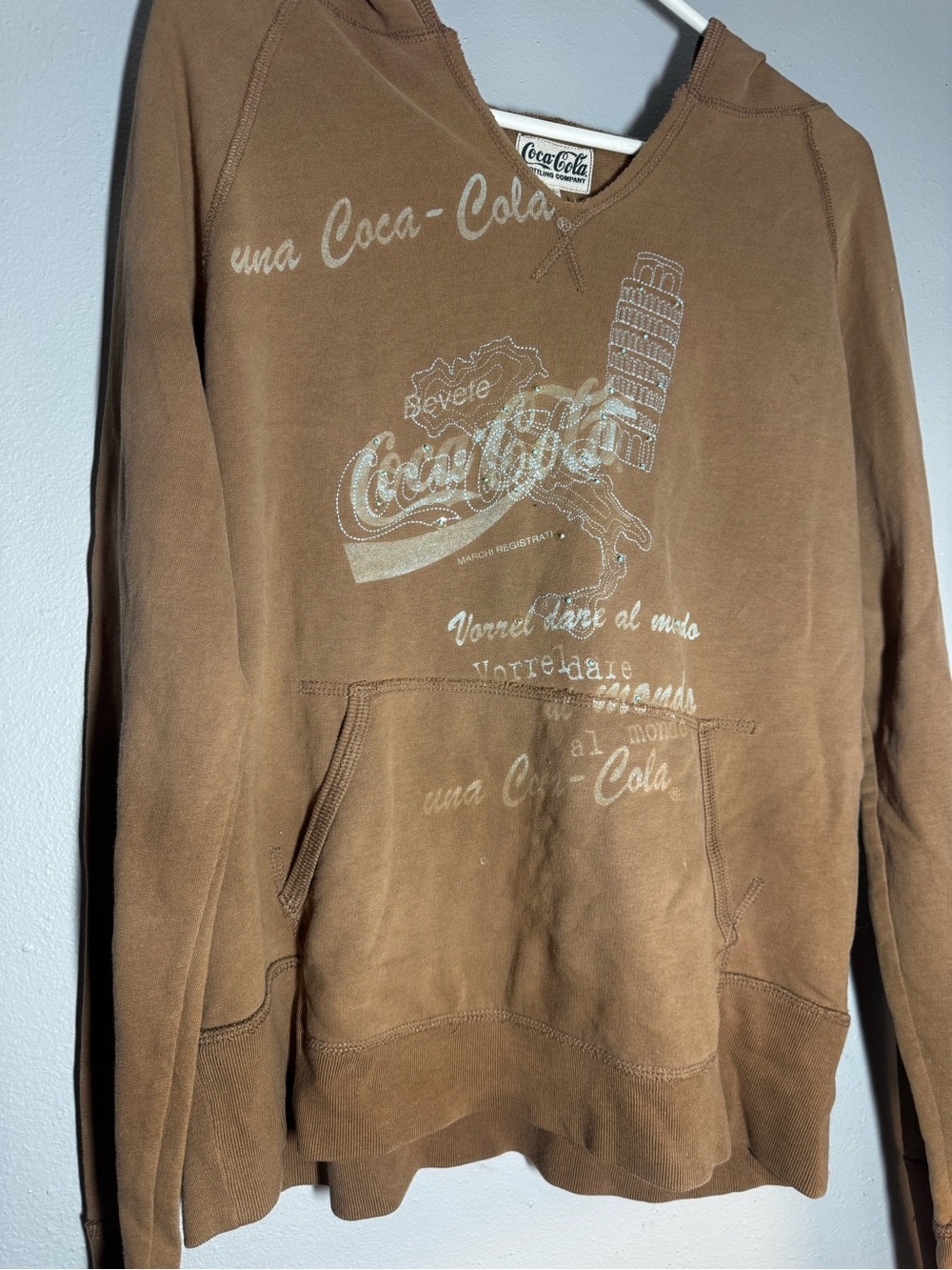 Coca-Cola brown + teal v-neck style hoodie.